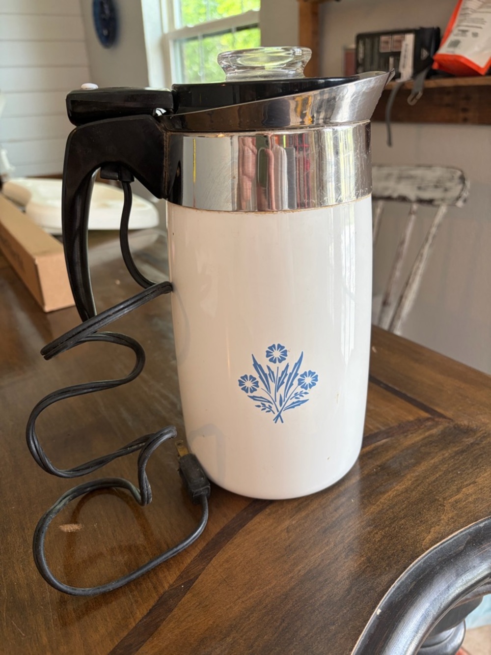 Corningware White and Blue Floral Electric Percolator